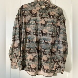 Cabela's SZ L green Elk Print Casual Chamois Button Down Shirt 100% cotton